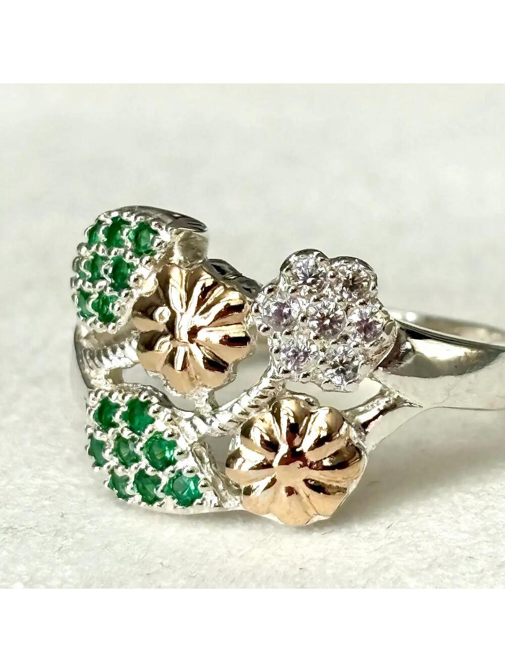 Floral Garden Ring in Solid 925 Sterling Silver 10K Accents
